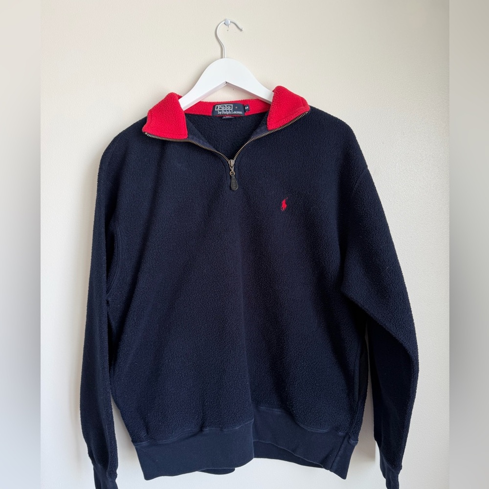 Polo Ralph Lauren Navy Quarter Zip Fleece Pullover Men’s Medium Red Collar